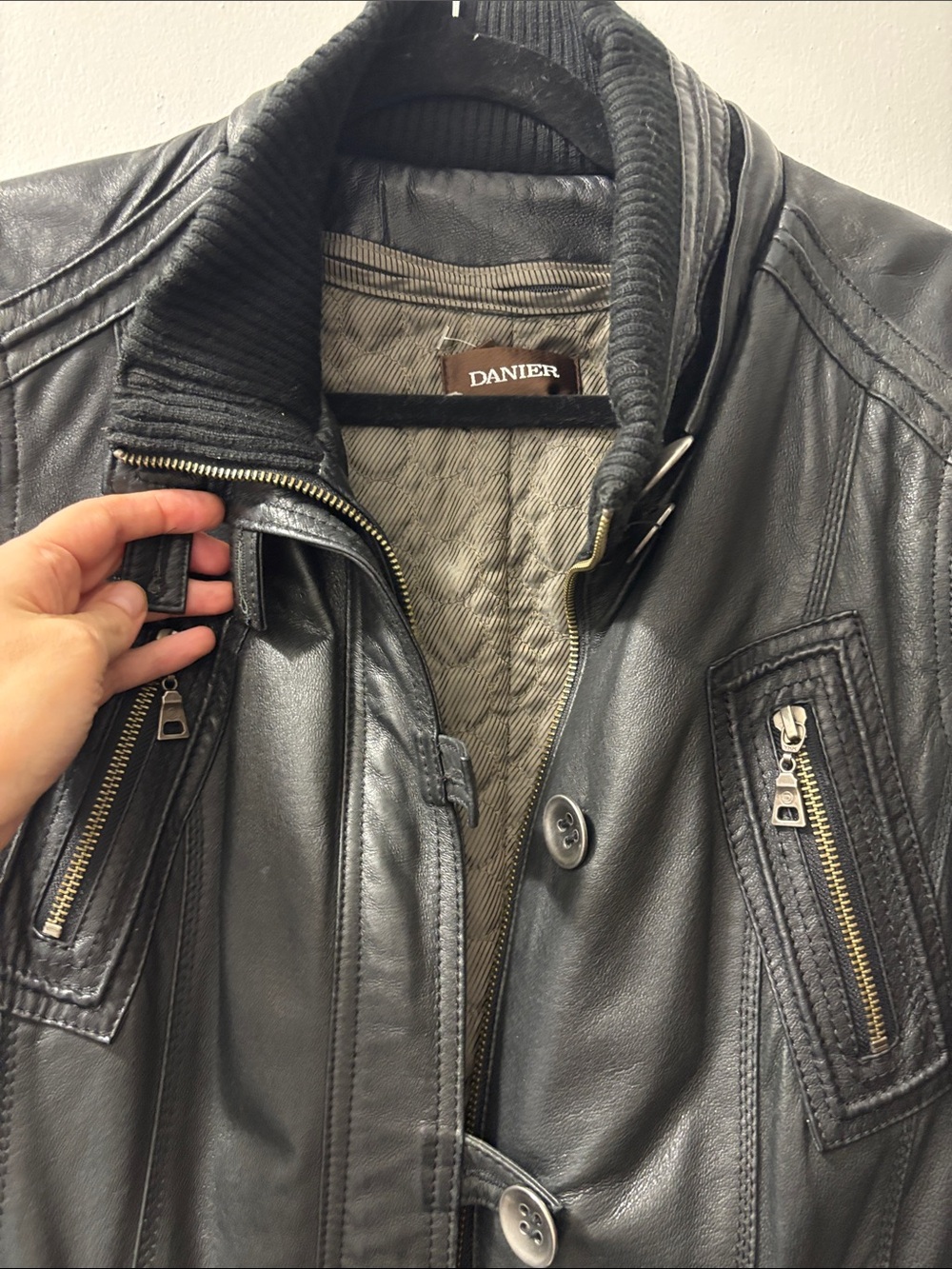 Long Danier Black Leather Button-Front Jacket